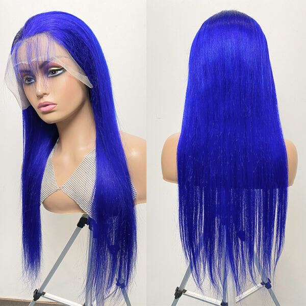 Virgin Human Hair 150% Density blue color Straight Hair 13*4 Lace Front Wigs