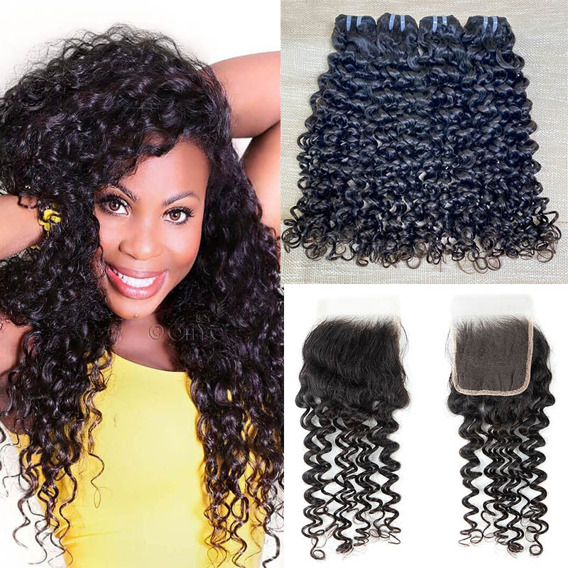 XBL Hair Jerry Curl Hair 3 Bundles with 4x4 Lace Closure Wet And Wavy