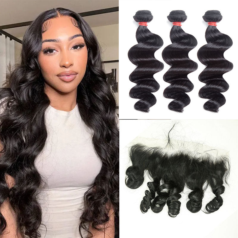 XBL Hair 9A/10A/12A Loose Wave Human Hair 3 Bundles with 13x4 Lace Frontal