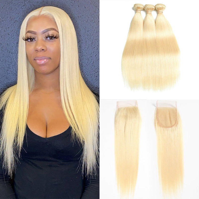 XBL Hair #613 Blonde Straight 3 Bundles with 4x4 Transparent Lace Closure