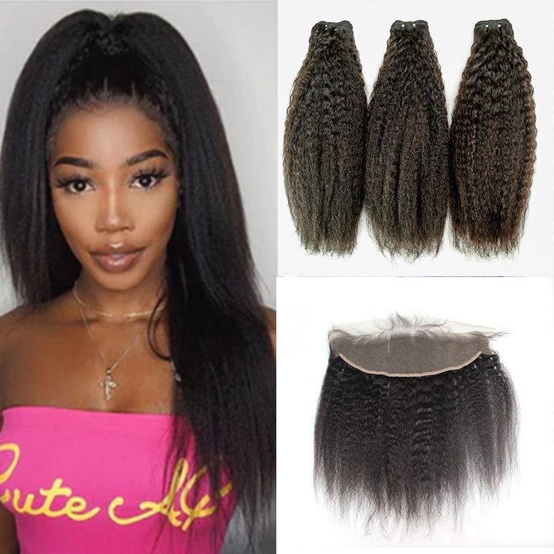 XBL Hair 9A/10A/12A Kinky Straight Human Hair 3 Bundles with 13x4 Lace Frontal