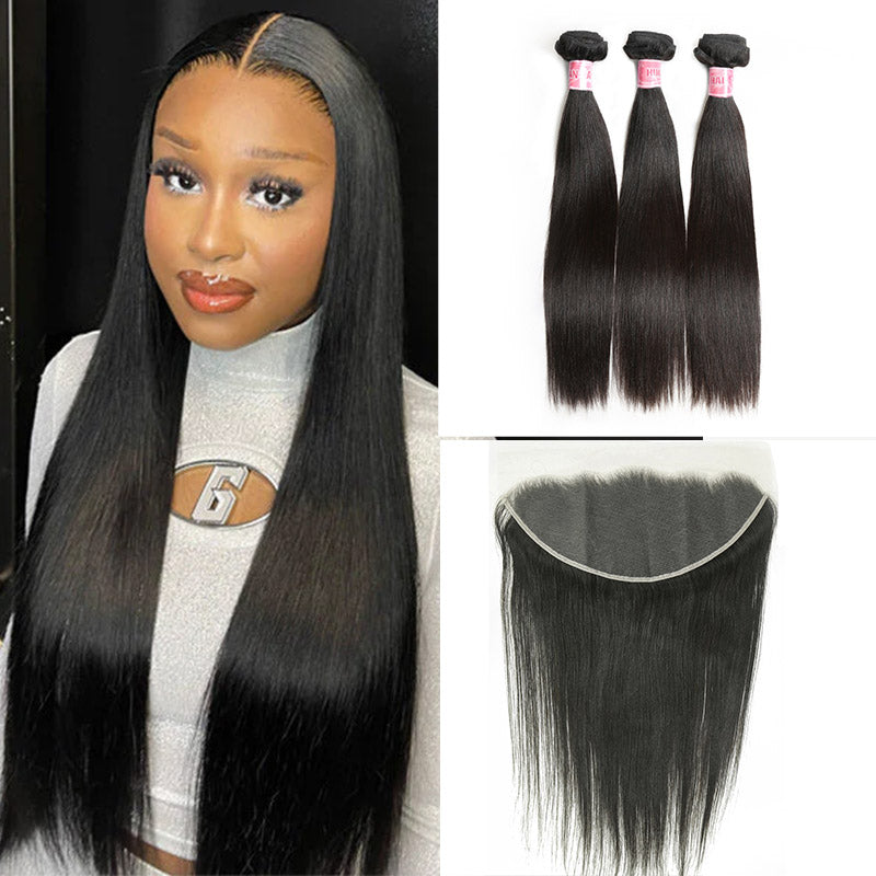 XBL Hair 9A/10A/12A Straight 3 Bundles with 13x6 Frontal with Preplucked Hairline