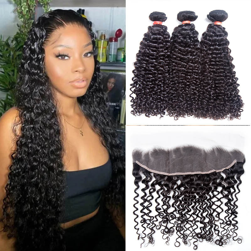 XBL Hair 9A/10A/12A Curly Human Hair 3 Bundles with 13x4 Lace Frontal