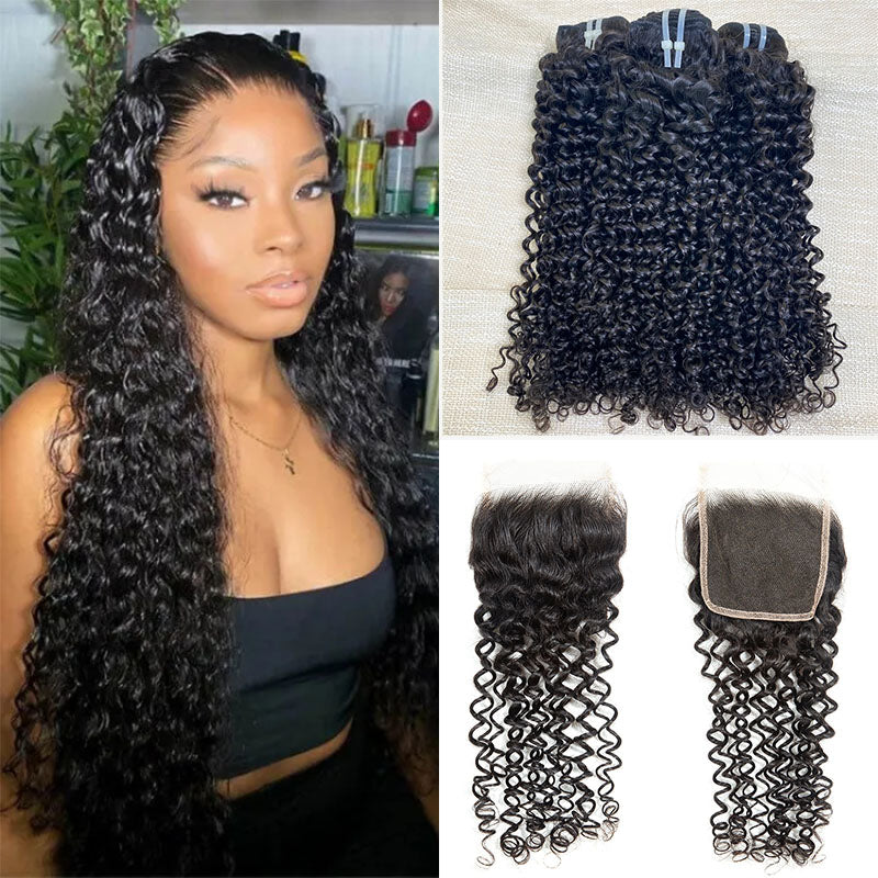 XBL Hair Curly Hair 100% Human Hair 3 Bundles With 4x4 Lace Closure