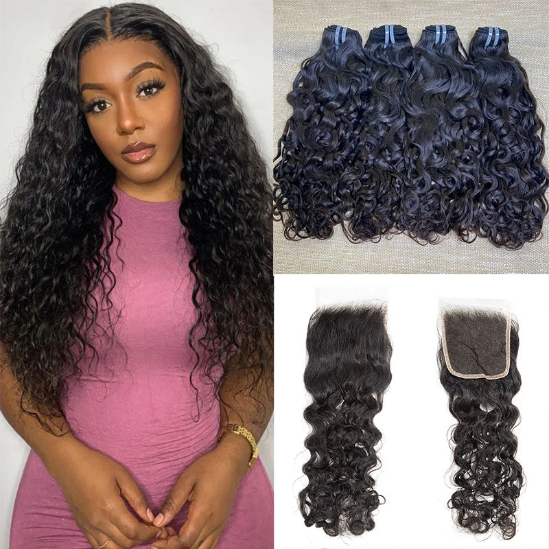 XBL Hair Water Wave Bundles with 4x4 Lace Closure Indian Human Hair Free Part