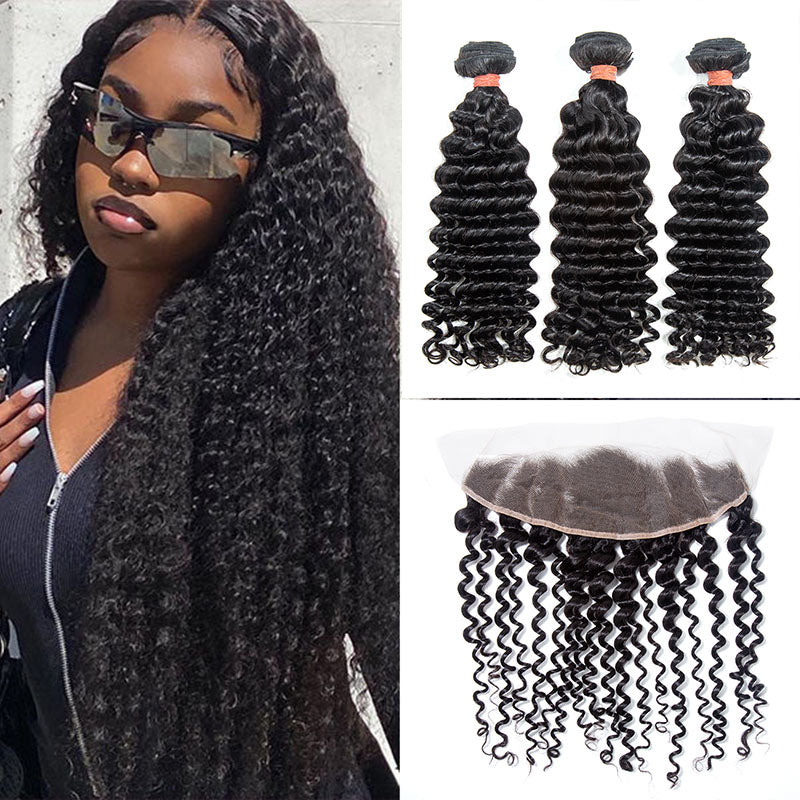 XBL Hair 9A/10A/12A Deep Wave Human Hair 3 Bundles with 13x4 Lace Frontal