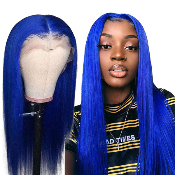 Virgin Human Hair 150% Density blue color Straight Hair 13*4 Lace Front Wigs