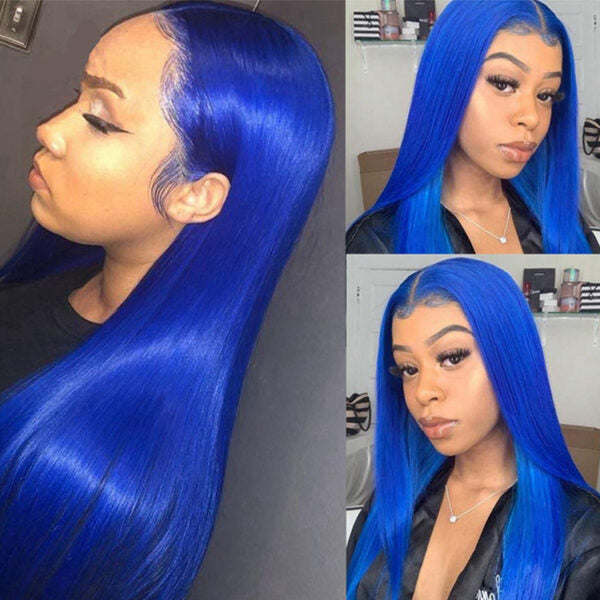 Virgin Human Hair 150% Density blue color Straight Hair 13*4 Lace Front Wigs