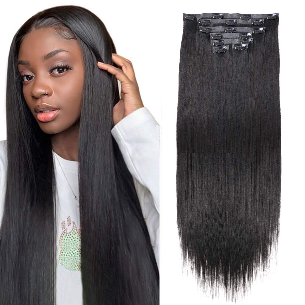 XBL Hair Seamless Clip in Hair Extensions 100g Silicone Weft Silky Straight Black Hair